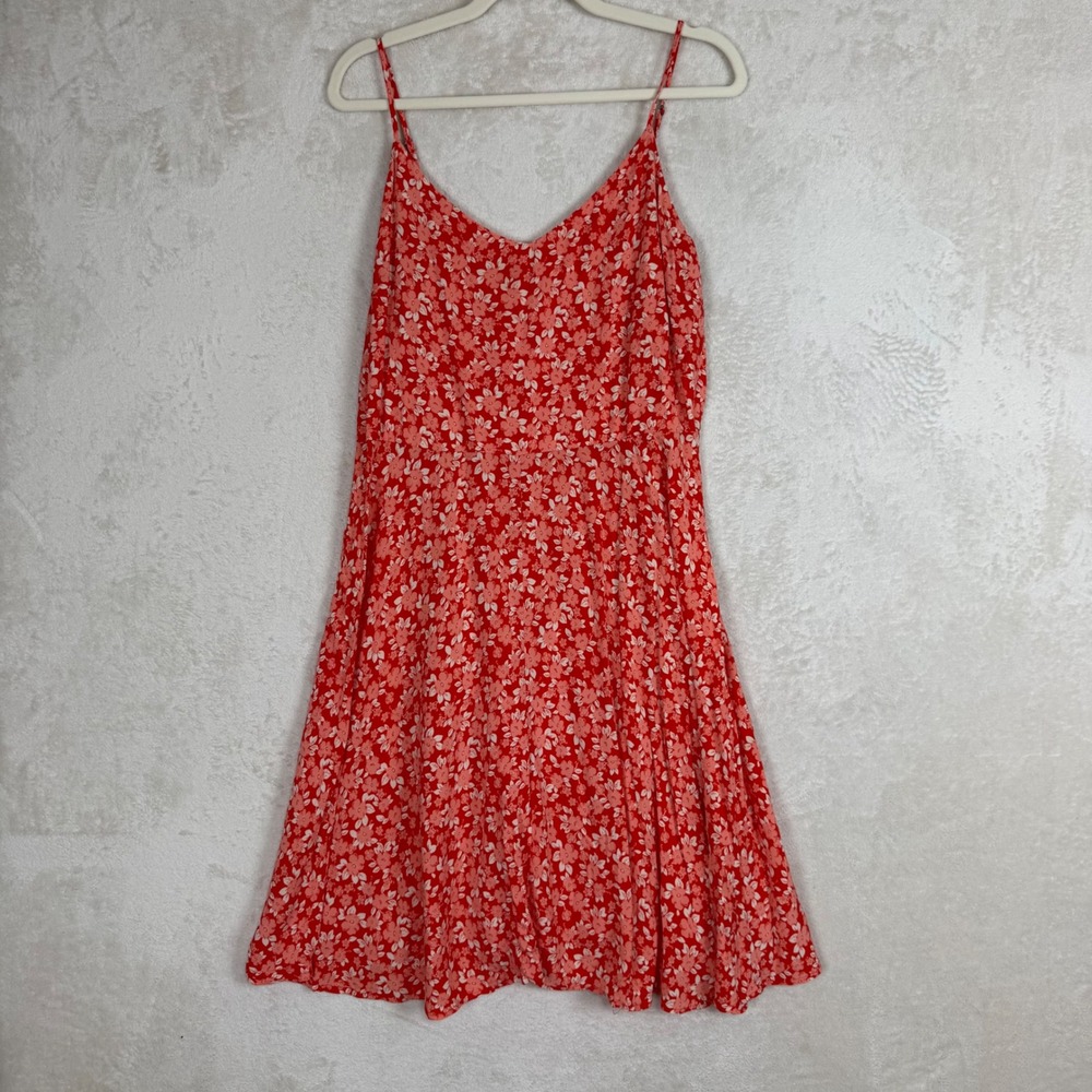 Gap Red Floral Mini Sundress Womens XL Smocked Back Spaghetti Strap Rayon V-Neck